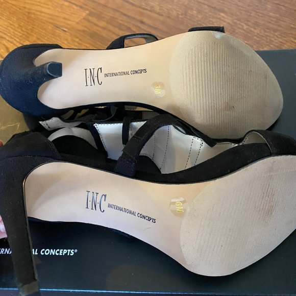 INC International Concepts Black Leather Fringe Heels - Picture 3 of 6